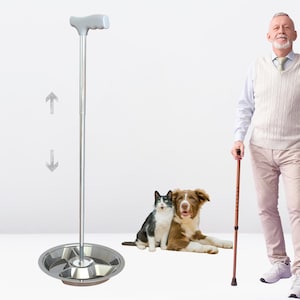 May include: A silver adjustable pet feeding station with a divided stainless steel bowl. A brown and white dog and a black and white cat are lying down next to the feeder. A man is standing next to the feeder with a wooden cane.