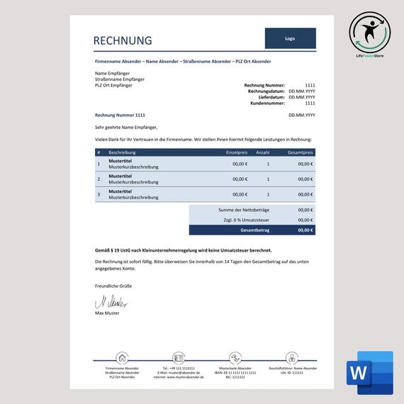 Rechnung Kleinunternehmer/Einzelunternehmer/Selbständiger/Freiberufler/Freelancer Vorlage als editierbare Microsoft Word-Datei