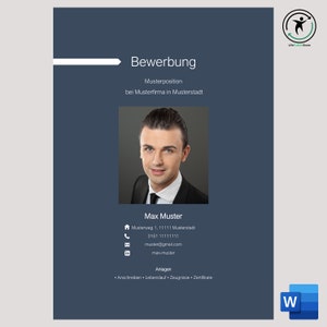May include: A blue and white resume template with a photo of a man in a suit. The text on the resume includes the title "Bewerbung", the name "Max Muster", and contact information. The resume also includes the text "Anlagen: • Anschreiben • Lebenslauf • Zeugnisse • Zertifikate".