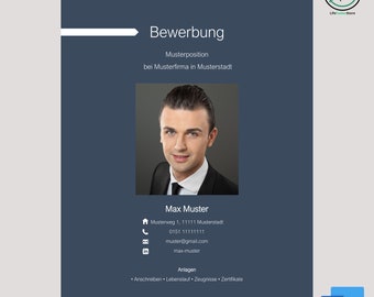 May include: A blue and white resume template with a photo of a man in a suit. The text on the resume includes the title "Bewerbung", the name "Max Muster", and contact information. The resume also includes the text "Anlagen: • Anschreiben • Lebenslauf • Zeugnisse • Zertifikate".