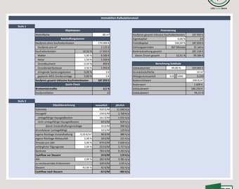May include: A spreadsheet with a blue and gray color scheme, titled "Immobilien-Kalkulationstool" (Real Estate Calculation Tool). The spreadsheet contains a table with columns for "Stufe 1" (Step 1), "Stufe 2" (Step 2), "Wohnfläche" (Living Area), "Objektdaten" (Object Data), "Finanzierung" (Financing), "Anschaffungskosten" (Acquisition Costs), "Objektberechnung" (Object Calculation), "monatlich" (Monthly), "Jährlich" (Yearly), "Kaufpreis gesamt inklusive Kaufnebenkosten" (Total Purchase Price Including Additional Costs), "Eigenkapital" (Equity), "Fremdkapital" (Debt Capital), "Zahlungsperioden" (Payment Periods), "Bankrückzahlung gesamt" (Total Bank Repayment), "davon Zinsen gesamt" (Total Interest), "Gebäudeanteil" (Building Share), "Grundstücksfläche" (Land Area), "Miteigentumsanteil" (Co-ownership Share), "Bodenrichtwert" (Land Value), "Bodenwert" (Land Value), "Gebäudewert" (Building Value), "Kalbmiete" (Rent), "Hausgeld" (Housekeeping Costs), "umlagefähige Hausgeldkosten" (Allocable Housekeeping Costs), "nicht umlagefähige Hausgeldkosten" (Non-Allocable Housekeeping Costs), "Grundsteuer (umlagefähig)" (Property Tax (Allocable)), "davon Instandhaltungsrücklage" (Of Which Maintenance Reserve), "eigene Rücklage Instandhaltung" (Own Maintenance Reserve), "eigene Rücklage Mietausfall" (Own Rent Loss Reserve), "Zinssatz pro Jahr" (Interest Rate Per Year), "anfängliche Tilgungsrate" (Initial Amortization Rate), "Bankrate" (Bank Rate), "Cashflow vor Steuern" (Cash Flow Before Taxes), "ATA" (Depreciation), "zu versteuerndes Einkommen" (Taxable Income), "Steuern" (Taxes), "Cashflow nach Steuern" (Cash Flow After Taxes).