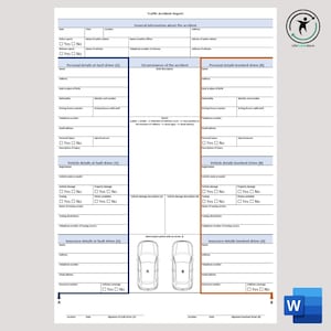 Könnte beinhalten: Ein Verkehrsunfallbericht-Formular mit Abschnitten für allgemeine Informationen, persönliche Daten der Fahrer und Fahrzeugdetails. Enthält Kontrollkästchen und Platz für Skizzen. Mit einer Fahrzeugskizze.