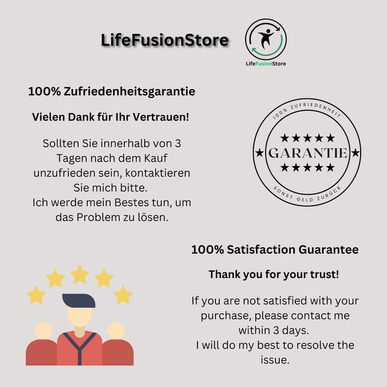 May include: A graphic with the text "LifeFusionStore" and a 100% satisfaction guarantee message. The graphic includes a star rating and the text "Thank you for your trust!"
