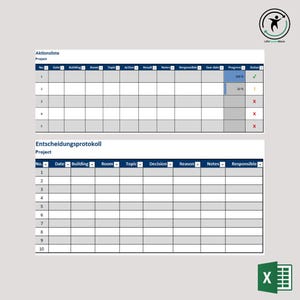 Könnte beinhalten: Eine Tabellenvorlage zum Verfolgen von Aktionspunkten und Entscheidungen. Die Tabelle enthält Spalten für Nummer, Datum, Gebäude, Raum, Thema, Aktion, Ergebnis, Notizen, Verantwortlicher, Fälligkeit, Fortschritt und Status. Die Tabelle enthält auch Spalten für Entscheidung, Grund und Notizen.