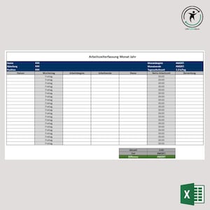 Time recording/time sheet/time recording overview/timesheet template as an editable Microsoft Excel file