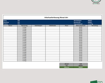 Time recording/time sheet/time recording overview/timesheet template as an editable Microsoft Excel file