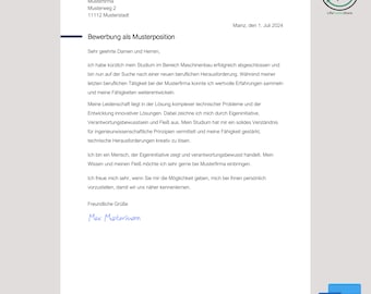 May include: A formal job application letter with the heading "Bewerbung als Musterposition" and the name "Max Muster" at the top of the page. The letter is written in German and includes contact information for the applicant.