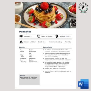 Può includere: Una ricetta per pancake con un elenco di ingredienti e istruzioni. Gli ingredienti includono burro, latticello, uova, farina, sale, lievito in polvere, zucchero e zucchero vanigliato. Le istruzioni includono lo scioglimento del burro, la frustata del latticello e delle uova, la combinazione degli ingredienti secchi e quindi la miscelazione degli ingredienti umidi e secchi. La ricetta include anche una nota sul servizio dei pancake con zucchero a velo, frutta o sciroppo.