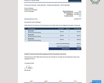May include: A white document with the German word "RECHNUNG" at the top, meaning "invoice". The document includes a logo, company details, and a detailed breakdown of charges. The document is formatted with a blue header and a Microsoft Word icon.