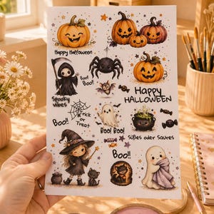 Rub-on Bogen „Happy Halloween“ im DIN-A5-Format mit süßen Halloween-Motiven Kürbissen, Geistern, Hexen, Fledermäusen und Spinnen Transfer