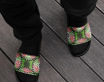 Mens African Green Ethnic Tribal Print Slides