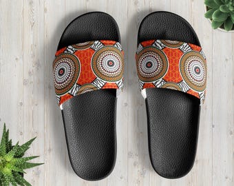 Womens African Orange Ethnic Tribal Print Slides