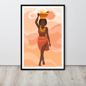 May include: A woman in a red and gold dress carries a basket of fruit on her head. The background is a peachy orange with a swirling pattern.