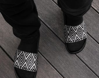 Mens African Black and White Ethnic Tribal Print Slides