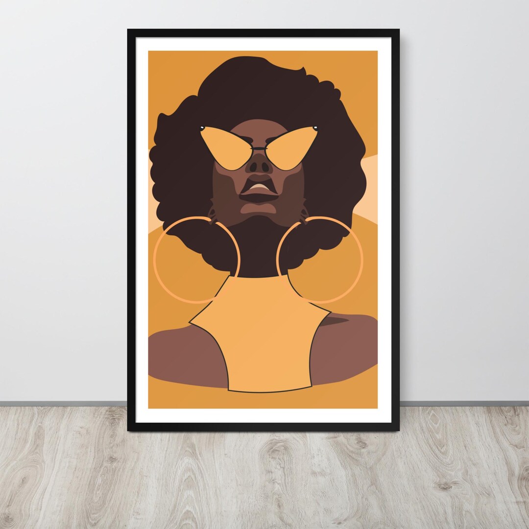 African Black Woman With Afro and Yellow Retro Glasses and Gold Hoops ...