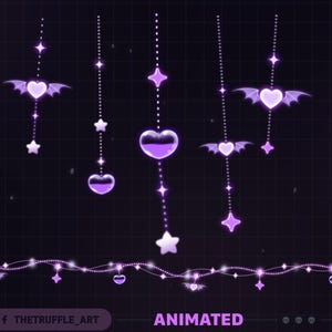 May include: Animated digital art featuring purple heart and star ornaments with bat wings, hanging against a dark grid background. A string of lights with similar charms runs along the bottom. The word "ANIMATED" is displayed in purple.