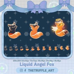 Op de afbeelding: Digitale kunst met drie vossenillustraties met vloeistofeffect: één zwart en oranje, één oranje en één met engelen vleugels en een halo. De afbeelding bevat kleinere versies van de vossen en de tekst "Liquid Angel Fox".