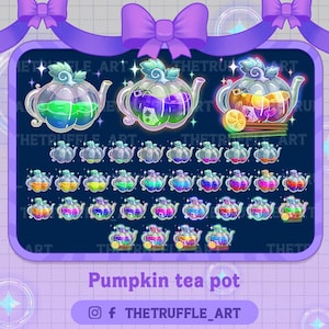 Könnte beinhalten: Eine Sammlung von 36 digitalen Illustrationen von Kürbis-Teekannen in verschiedenen Farben und Designs. Die Teekannen sind alle im Cartoon-Stil gehalten und haben einen verspielten Charakter. Der Text "Pumpkin tea pot" und "f THETRUFFLE_ART" ist ebenfalls im Bild enthalten.