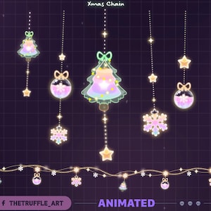 May include: Animated Christmas chain design featuring hanging decorations like Christmas trees, snowflakes, and baubles. The ornaments are in pastel colours with a glowing effect, and the text "Xmas Chain" is at the top. A string of lights is at the bottom.