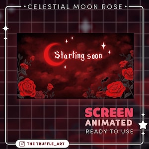 May include: Animated screen with a dark red background, a crescent moon, and the words "Starting soon." Red roses and stars frame the scene. Text at the top reads "Celestial Moon Rose." The bottom text says "Screen Animated Ready to Use."