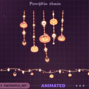 Op de afbeelding: Geanimeerde Halloween-afbeelding met pompoen- en schedelkettingen en een lichtslinger. De tekst "Pumpkin chain" staat bovenaan, met "Animated" onderaan. De Instagram-handle van de artiest is ook zichtbaar.