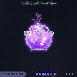 Op de afbeelding: Geanimeerde heksenketeldecoratie met een paarse gloed. De ketel bevat een schedel en botten, met rook die uit de bovenkant opstijgt. De tekst "Witch pot decoration" staat bovenaan en "ANIMATED" onderaan.