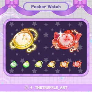 May include: Two pocket watches with a gold chain. The watch on the left has a gold face and the watch on the right has a red face with a heart on it. The watch on the right has a butterfly design on the chain.