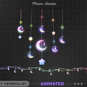 虹色の月と星のライトチェーンのアニメーション配信デコレーション、ストリーマー、Vtuber、OBS、Streamlabs向けの天体ライトTwitchオーバーレイ
