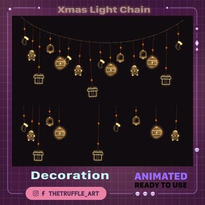 Könnte beinhalten: Eine digitale Illustration einer Weihnachts-Lichterkette mit festlichen Formen wie Lebkuchenmännern, Geschenkboxen und Ornamenten. Der Text "Xmas Light Chain" und "Decoration" sind zu sehen. Die Worte "ANIMATED READY TO USE" sind ebenfalls sichtbar.
