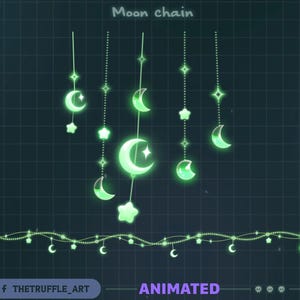 緑の月と星のライトチェーンのアニメーション配信デコレーション、ストリーマー、Vtuber、OBS、Streamlabs向けの天体ライトTwitchオーバーレイ