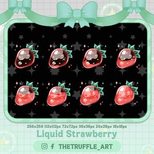 May include: Eight animated images of a red strawberry with green leaves, filled with a liquid that appears to be red juice. The strawberry is outlined in black and has a white glow. The background is black with white stars. The text "Liquid Strawberry" is at the bottom of the image, with the text "256x256 112x112px 72x72px 36x36px 28x28px 18x18px" above it. The text "@ THETRUFFLE_ART" is below the text "Liquid Strawberry".