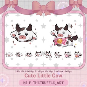 May include: A set of digital illustrations featuring a cute cartoon cow in various sizes. The cow is white with black spots and has a pink bow. The illustrations are perfect for use in digital projects, such as social media, websites, and presentations.