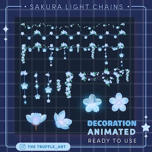 May include: Digital illustration of animated sakura light chains and individual flower designs in shades of blue and white. The text reads "Sakura Light Chains" and "Decoration Animated Ready to Use".