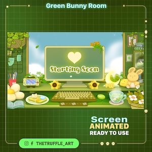 ANIMATED Twitch Overlay Stream Screen / Lo-fi Aesthetic Green PC Set Up Game Room / Retro Hydrangeas Plant House/lo-fi house stream