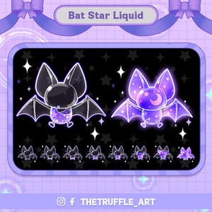 Pode incluir: Uma ilustração digital de um morcego roxo com uma estrela e uma lua dentro de seu corpo. O morcego é contornado em preto e tem um efeito brilhante. O fundo é preto com estrelas brancas. O texto "Bat Star Liquid" está na parte superior da imagem. O texto "THETRUFFLE_ART" está na parte inferior da imagem.