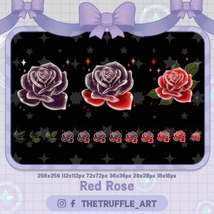 Puede incluir: Ilustración digital de tres rosas en tonos rojos y morados, sobre un fondo negro con estrellas. El texto "Red Rose" se muestra debajo de las imágenes, junto con los identificadores de redes sociales.