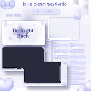 Pacchetto completo di overlay Twitch con estetica pulita e cuore viola pastello Y2K/Schermata in stile minimalismo/Sovrapposizione di streaming animato viola minimalista