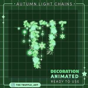 May include: Animated green autumn light chains with decorative elements, including snowflakes and pinecone shapes. The text reads "Autumn Light Chains" and "Decoration Animated Ready to Use". The background is a grid pattern.