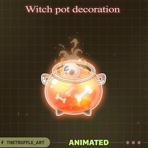 Puede incluir: Decoración animada de caldero de bruja con líquido naranja brillante, una calavera y huesos. El caldero tiene asas y un contorno brillante. El texto "Witch pot decoration" está en la parte superior y "ANIMATED" en la inferior.