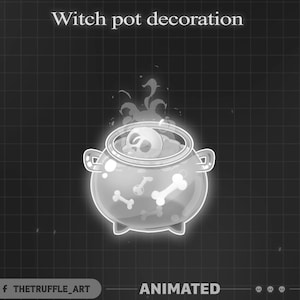 May include: Animated illustration of a witch's cauldron. The image shows a glowing pot with a skull and bones inside. The text "Witch pot decoration" is at the top, and "ANIMATED" is at the bottom. The background is a dark grid.