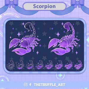 Puede incluir: Un escorpión púrpura translúcido sobre un fondo estrellado. El escorpión está representado en un estilo de dibujos animados con un acabado brillante e iridiscente. El texto "Scorpion" está en la parte superior de la imagen.