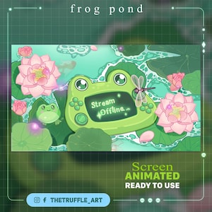 Könnte beinhalten: Digitale Illustration mit einem grünen froschförmigen Gerät mit dem Text "Stream Offline". Das Kunstwerk zeigt rosa Lotusblumen, Seerosenblätter und eine Libelle. Der Text "frog pond" steht oben.