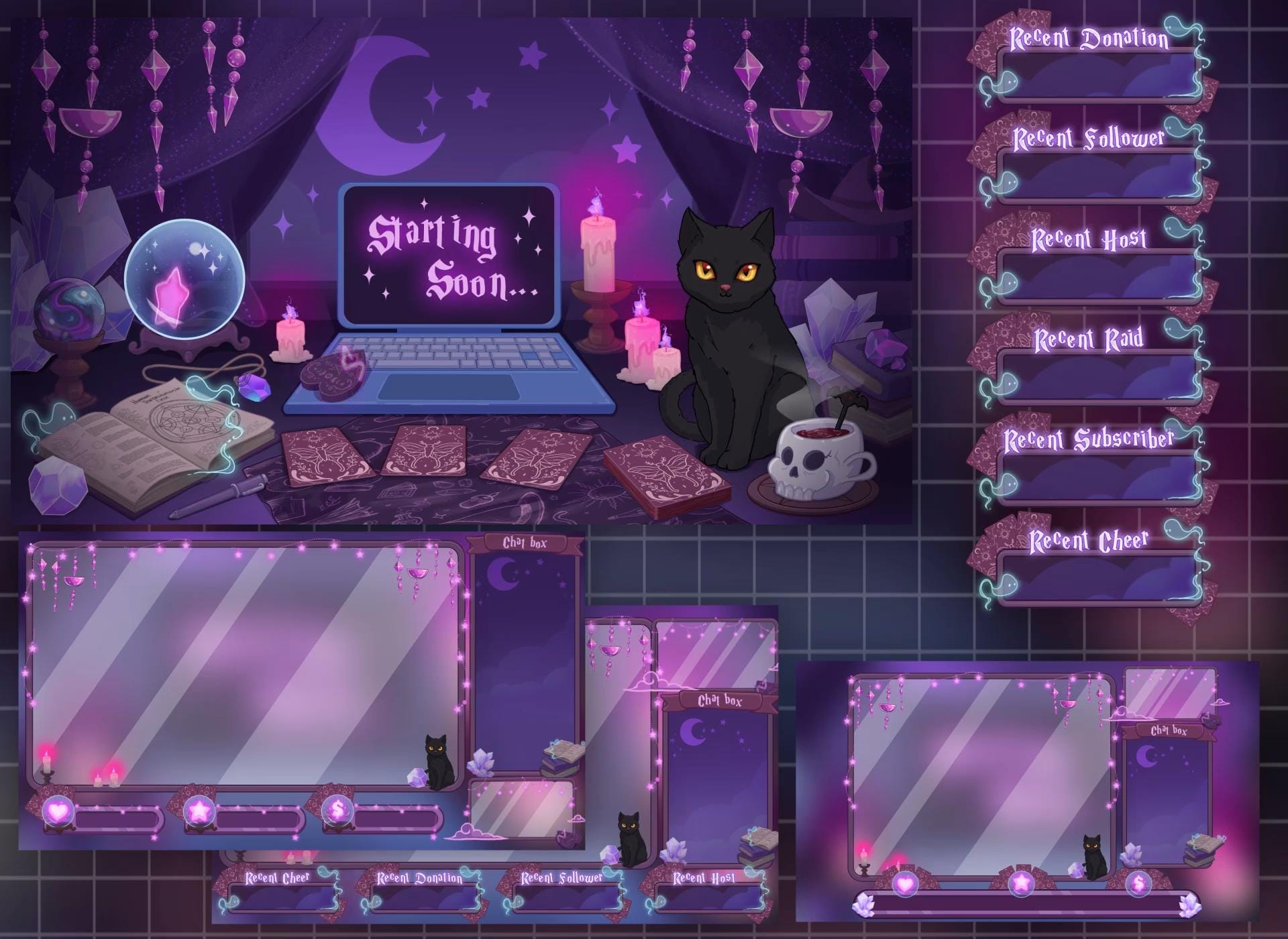 Full Package Ouija Tarot Desk in Witch Room Twitch Overlay/  Black Cat Witch Craft Loading Screens/ Astrology Screen Animated Stream Overlay