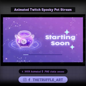 May include: Animated Twitch stream starting soon graphic with a purple background and a glowing cauldron with a skull and crossbones inside. The text "Starting Soon" is in a large, white font with a purple outline. The graphic also includes a progress bar and a small star.