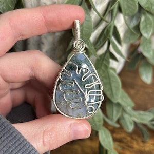 Moss Agate Wire Wrapped Pendant: Monstera Leaf, Cottagecore Jewellery