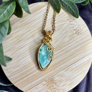 Wire Wrapped Hemimorphite Crystal Necklace: Spiritual Healing Pendant, Gold Plated Necklace