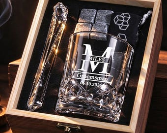 Custom Whiskey Glass Set with Wooden Box, Personalized Groomsman Gift, Engraved Whisky Glass, Groomsmen Proposal, Gift for Dad