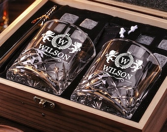 Custom Whiskey Glass Set with Wooden Box, Engraved Whiskey Tumbler, Birthday Anniversary Gift for Men, Groomsmen Proposal Gift