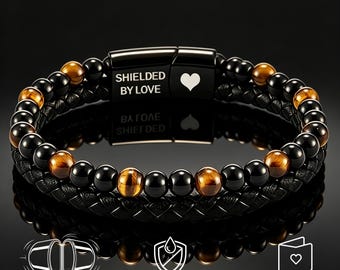 Natural Tiger Eye Bracelet, Custom Engraved Magnetic Clasp, Personalized Secret Message Gift, Gift for Son Grandson Dad Men