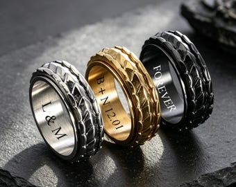 Custom Engraved Fidget Spinner Ring, Anxiety Spinner Ring for Men, Dragon Scale Titanium Steel Ring, Spin Band, Couple Names Spinner Ring